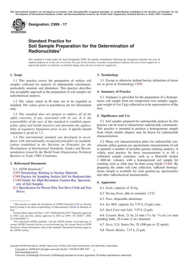 ASTM C999-17 Standard Practice for Soil Sample Preparation for the Determination of Radionuclide
