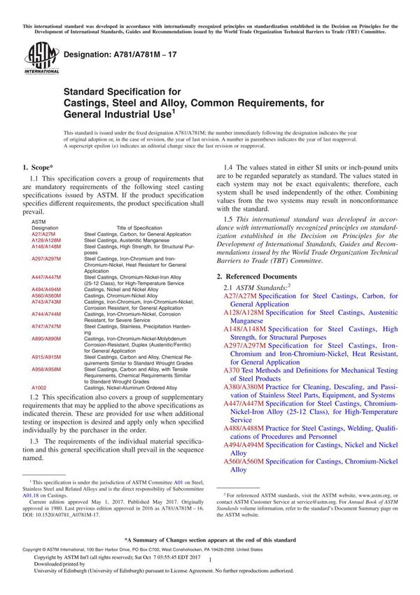 ASTM A781A781M-17 Standard Specification for Castings, Steel and Alloy, Common Requirements, for General Industrial Use