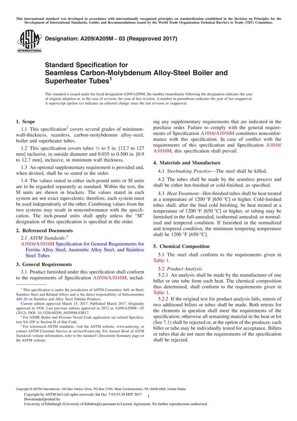 ASTM A209A209M-03(2017) Standard Specification for Seamless Carbon-Molybdenum Alloy-Steel Boiler and Superheater Tube