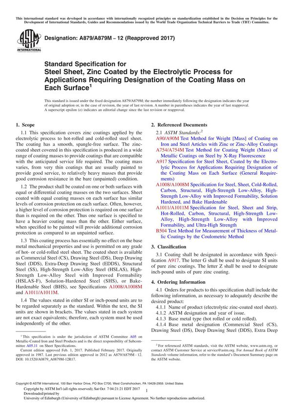 ASTM A879A879M-12(2017) Standard Specification for Steel Sheet, Zinc Coated by the Electrolytic Process for Applications Requiri