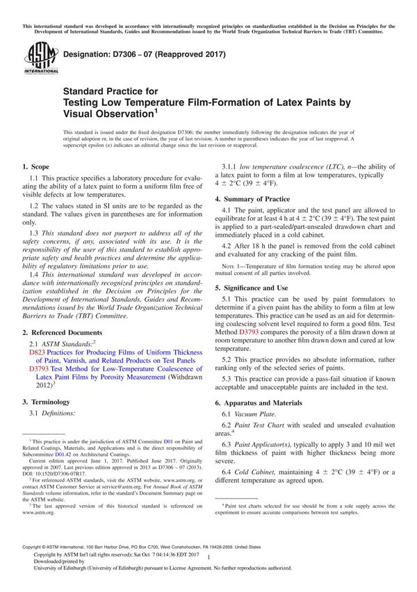 ASTM D7306-07(2017) Standard Practice for Testing Low Temperature Film-Formation of Latex Paints by Visual Observation