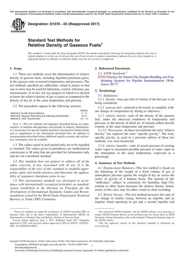 ASTM D1070-03(2017) Standard Test Methods for Relative Density of Gaseous Fuel
