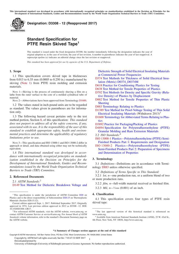ASTM D3308-12(2017) Standard Specification for PTFE Resin Skived Tape
