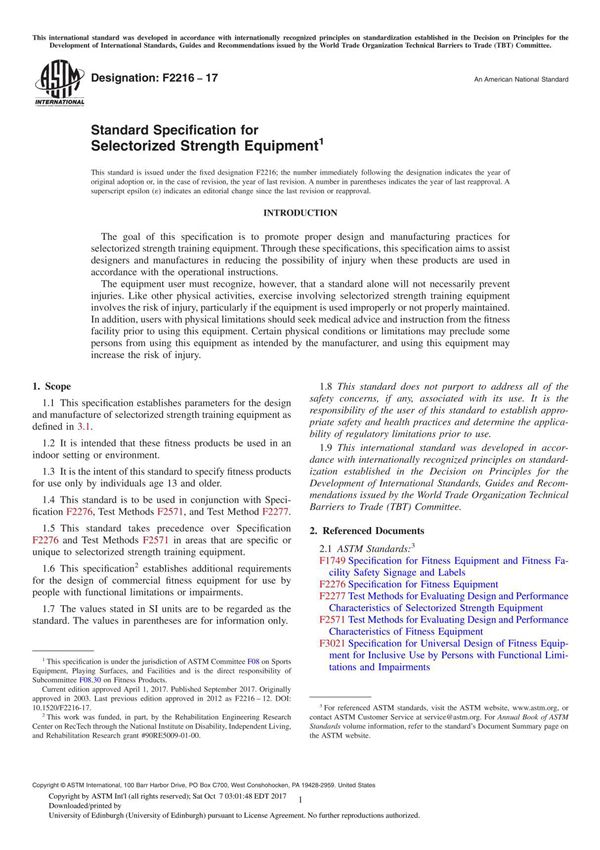 ASTM F2216-17 Standard Specification for Selectorized Strength Equipment