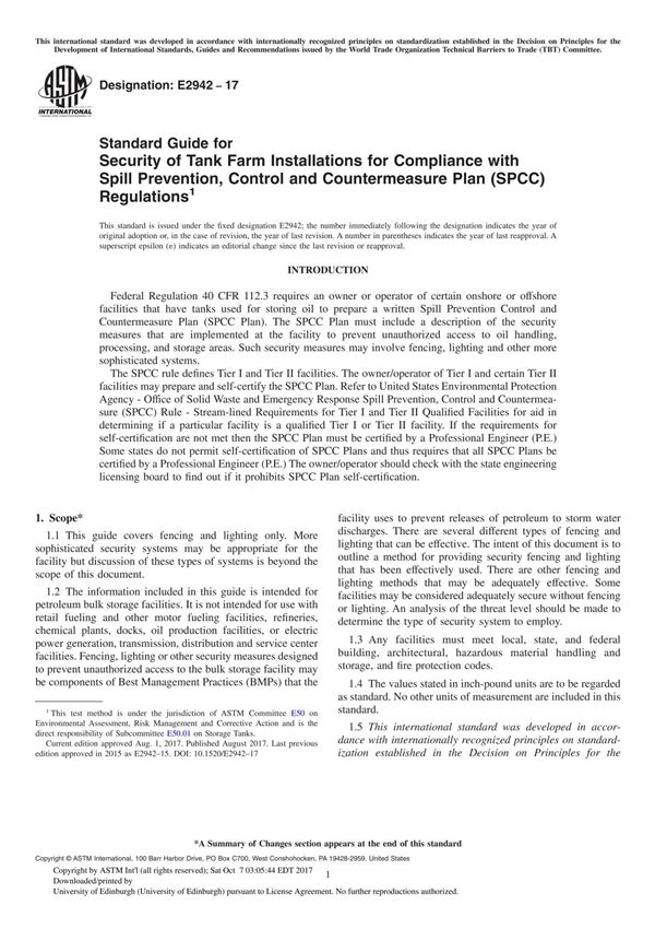 ASTM E2942-17 Standard Guide for Security of Tank Farm Installations for Compliance with Spill Prevention, Control and Counterme