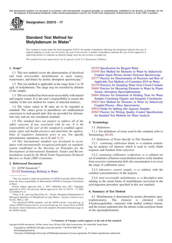 ASTM D3372-17 Standard Test Method for Molybdenum in Water