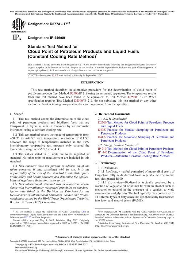ASTM D5773-17e1 Standard Test Method for Cloud Point of Petroleum Products and Liquid Fuels (Constant Cooling Rate Method)
