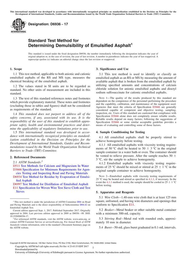 ASTM D6936-17 Standard Test Method for Determining Demulsibility of Emulsified Asphalt