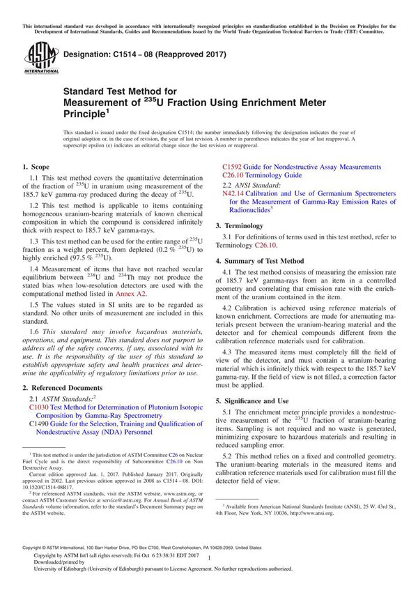 ASTM C1514-08(2017) Standard Test Method for Measurement of 235U Fraction Using Enrichment Meter Principle