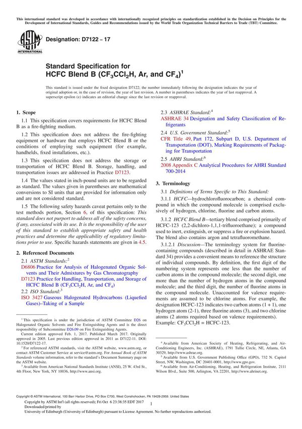 ASTM D7122-17 Standard Specification for HCFC Blend B (CF3CCl2H, Ar, and CF4)