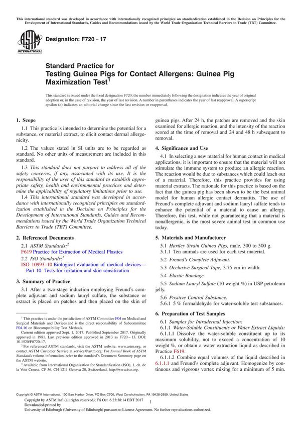 ASTM F720-17 Standard Practice for Testing Guinea Pigs for Contact Allergens Guinea Pig Maximization Test
