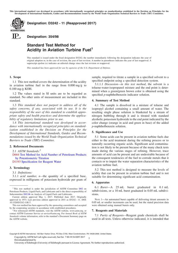 ASTM D3242-11(2017) Standard Test Method for Acidity in Aviation Turbine Fuel