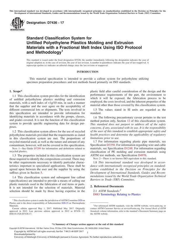 ASTM D7436-17 Standard Classification System for Unfilled Polyethylene Plastics Molding and Extrusion Materials with a Fractiona