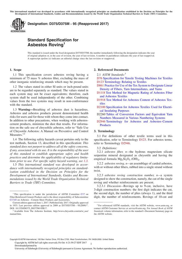 ASTM D375 D375M-95(2017) Standard Specification for Asbestos Roving