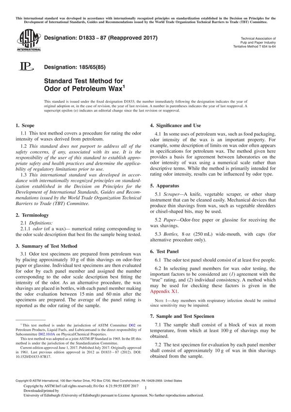 ASTM D1833-87(2017) Standard Test Method for Odor of Petroleum Wax