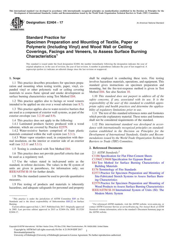ASTM E2404-17 Standard Practice for Specimen Preparation and Mounting of Textile, Paper or Polymeric (Including Vinyl) and Wood