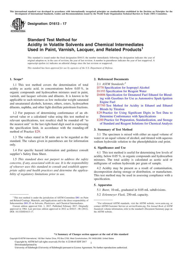 ASTM D1613-17 Standard Test Method for Acidity in Volatile Solvents and Chemical Intermediates Used in Paint, Varnish, Lacquer,