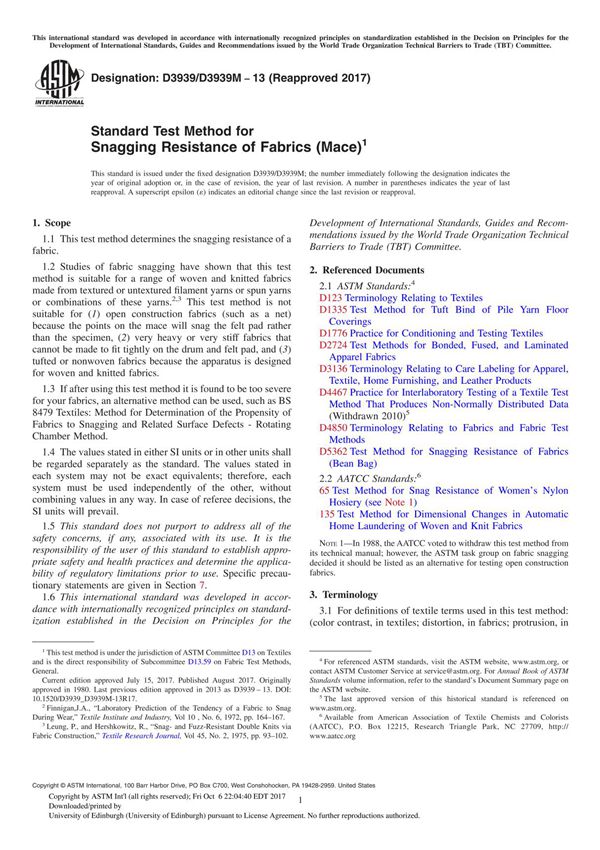 ASTM D3939 D3939M-13(2017) Standard Test Method for Snagging Resistance of Fabrics (Mace)