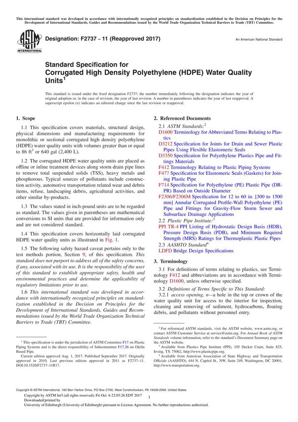 ASTM F2737-11(2017) Standard Specification for Corrugated High Density Polyethylene (HDPE) Water Quality Unit