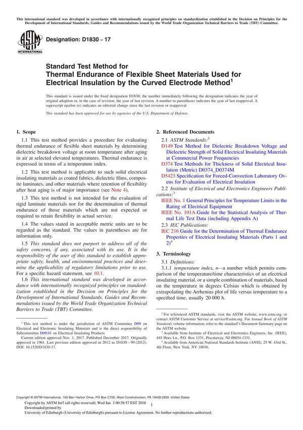 ASTM D1830-17 Standard Test Method for Thermal Endurance of Flexible Sheet Materials Used for Electrical Insulation by the Curve