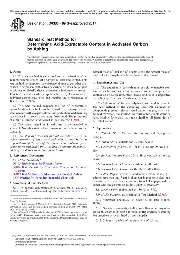 ASTM D6385-99(2017) Standard Test Method for Determining Acid-Extractable Content in Activated Carbon by Ashing
