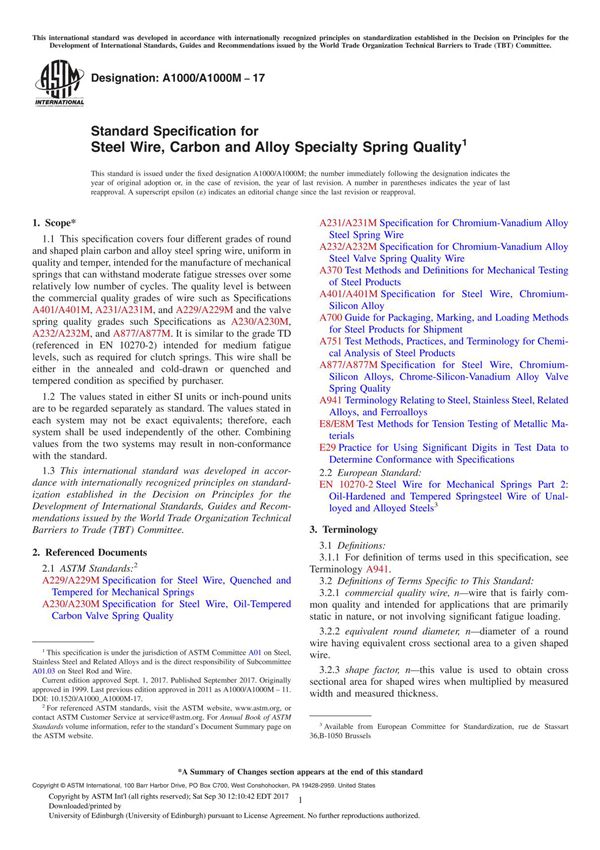 ASTM A1000A 1000M-17 Standard Specification for Steel Wire, Carbon and Alloy Specialty Spring Quality