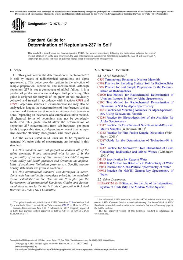 ASTM C1475-17 Standard Guide for Determination of Neptunium-237 in Soil