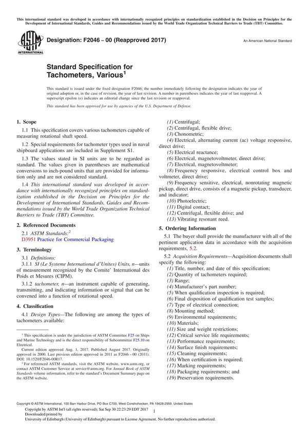 ASTM F2046-00(2017) Standard Specification for Tachometers, Variou