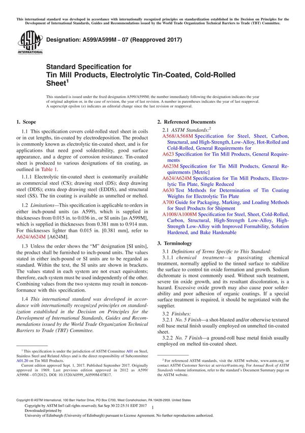 ASTM A599 A599M-07(2017) Standard Specification for Tin Mill Products, Electrolytic Tin-Coated, Cold-Rolled Sheet