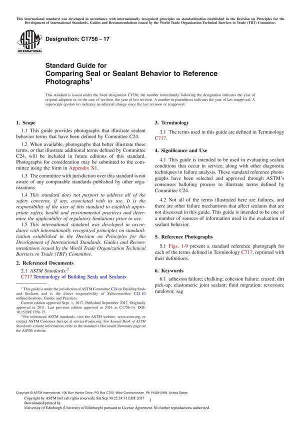 ASTM C1756-17 Standard Guide for Comparing Seal or Sealant Behavior to Reference Photograph