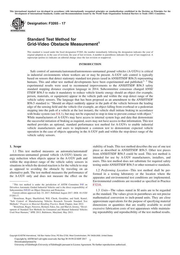 ASTM F3265-17 Standard Test Method for Grid-Video Obstacle Measurement