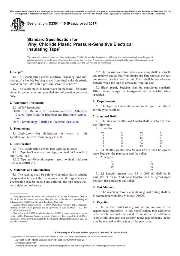 ASTM D2301-10(2017) Standard Specification for Vinyl Chloride Plastic Pressure-Sensitive Electrical Insulating Tape
