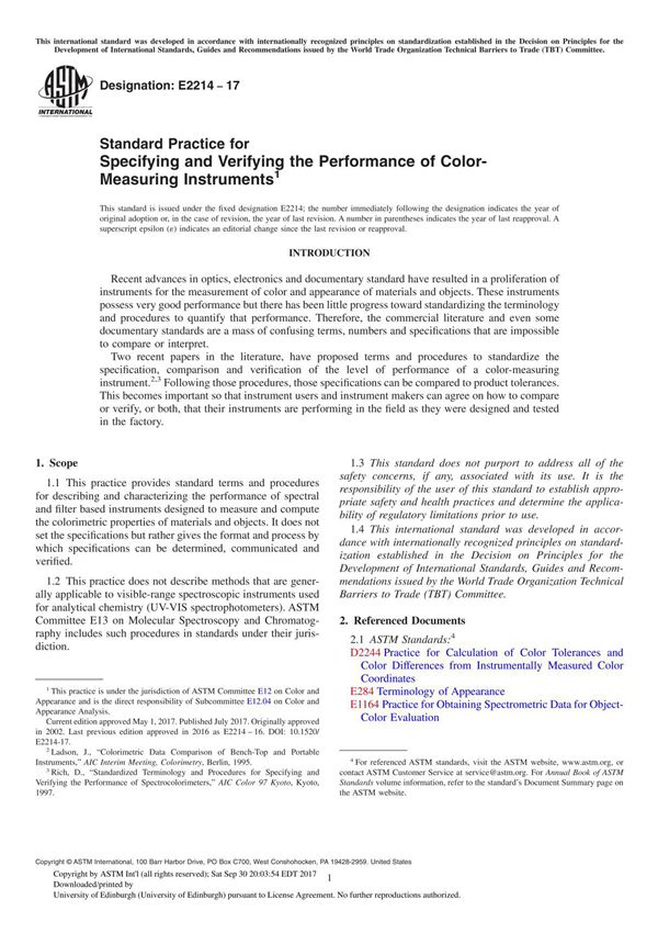 ASTM E2214-17 Standard Practice for Specifying and Verifying the Performance of Color-Measuring Instrument