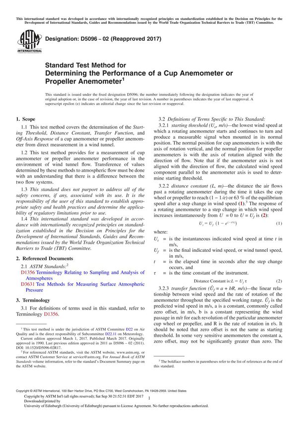 ASTM D5096-02(2017) Standard Test Method for Determining the Performance of a Cup Anemometer or Propeller Anemometer