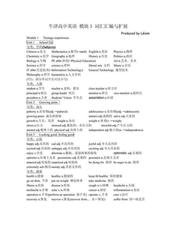 牛津高中英语模块1-3词汇汇编与扩展 doc