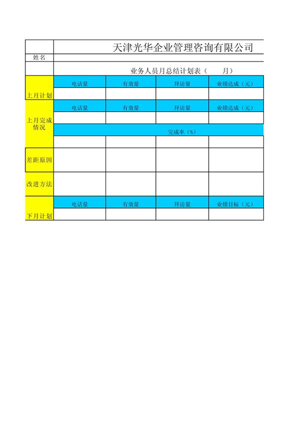 业务员月工作总结计划表模板
