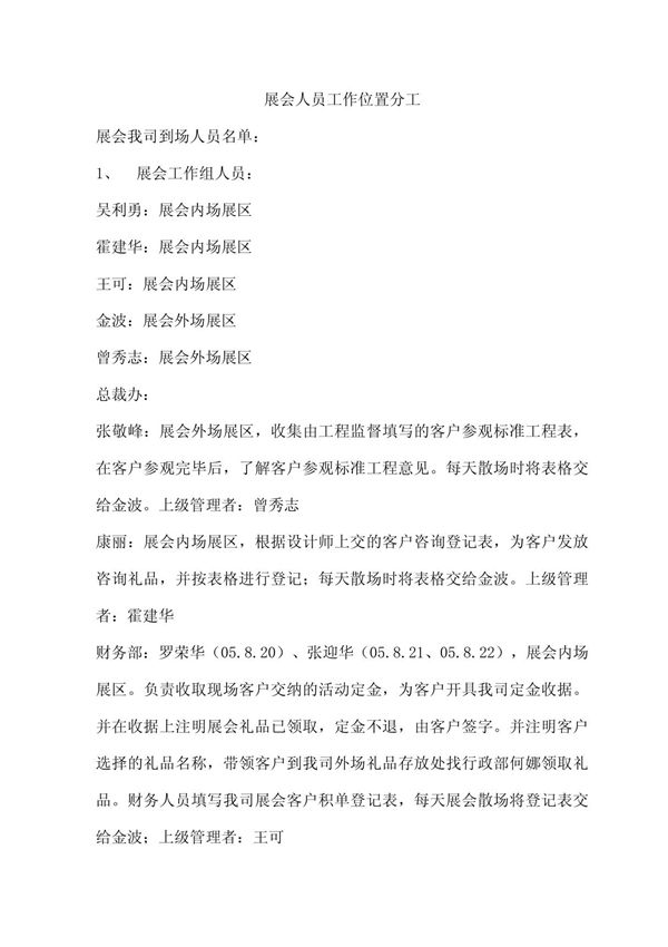 展会人员工作位置分工 doc