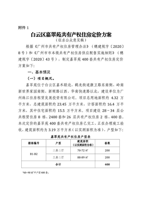 白云区 嘉翠苑 共有产权住房定价方案