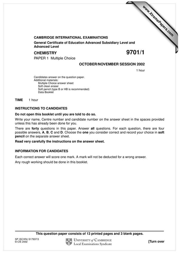 剑桥CIE化学考试9701 Chemistry试卷考题及答案Winter 2002 Question Paper试卷考题真题 1