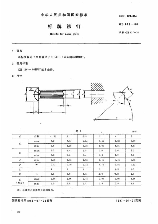 (国家标准) GB 827-1986 标牌铆钉 标准