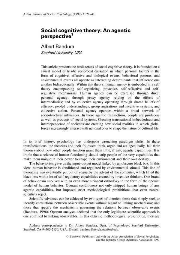 social cognitive theory anagentic perspective 社会认知理论遗传的角度