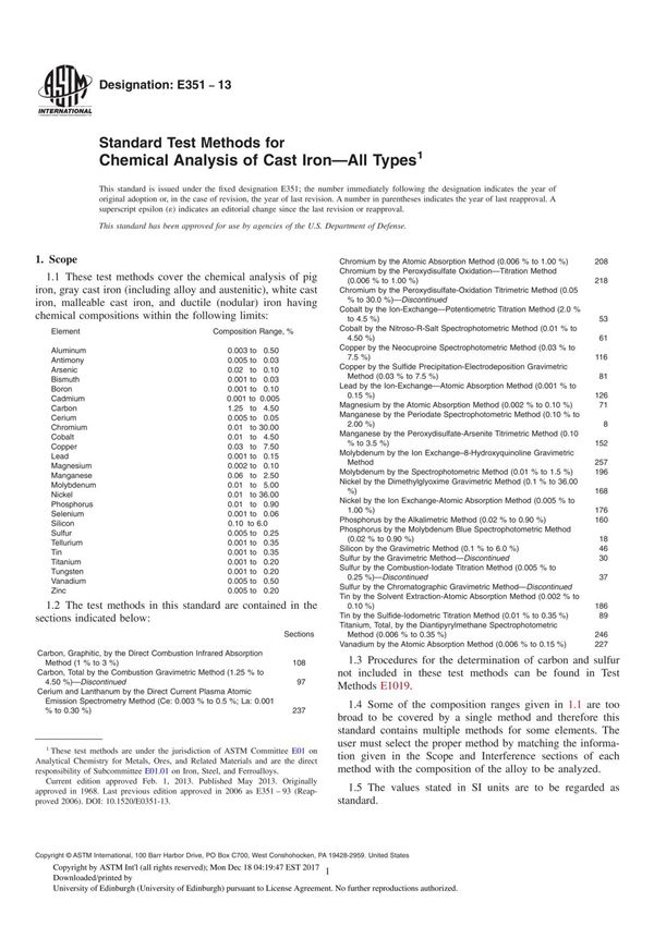 Standard Test Methods for Chemical Analysis of Cast Iron - All Types(ASTM E351-13)