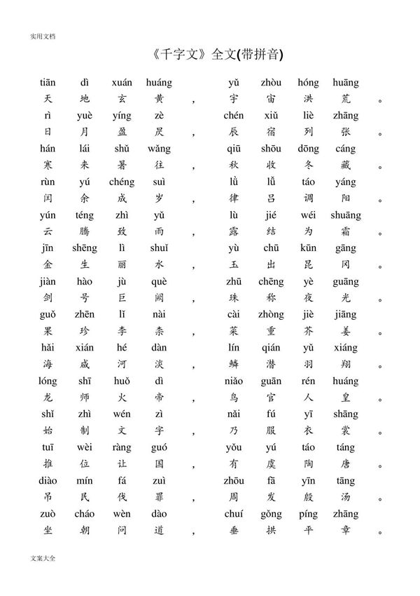 《千字文》全文(带拼音)