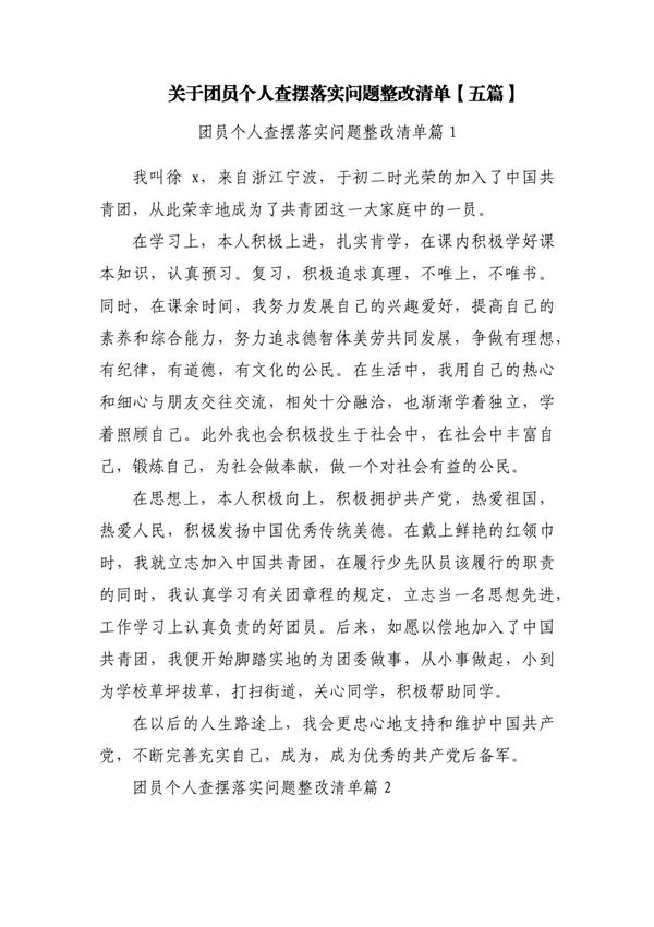 关于团员个人查摆落实问题整改清单(五篇)
