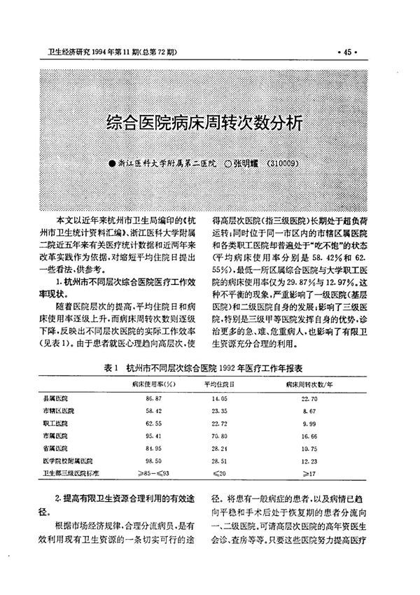 综合医院病床周转次数分析