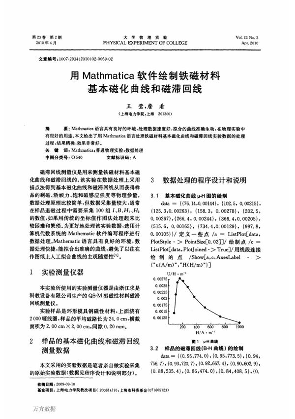 用Mathmatica 软件绘制铁磁材料基本磁化曲线和磁滞回线