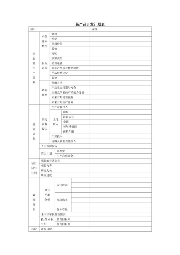 新产品开发计划表