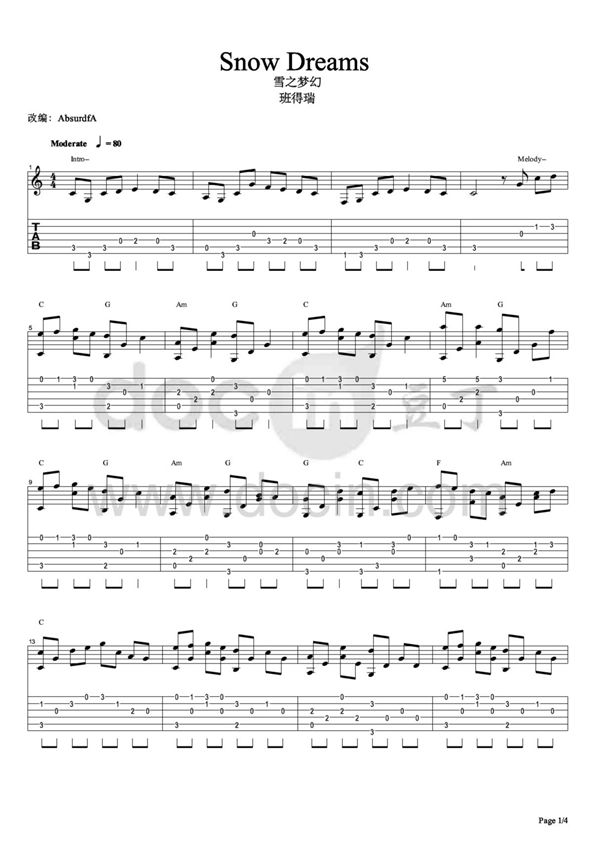 班得瑞《雪之梦幻》指弹吉他谱
