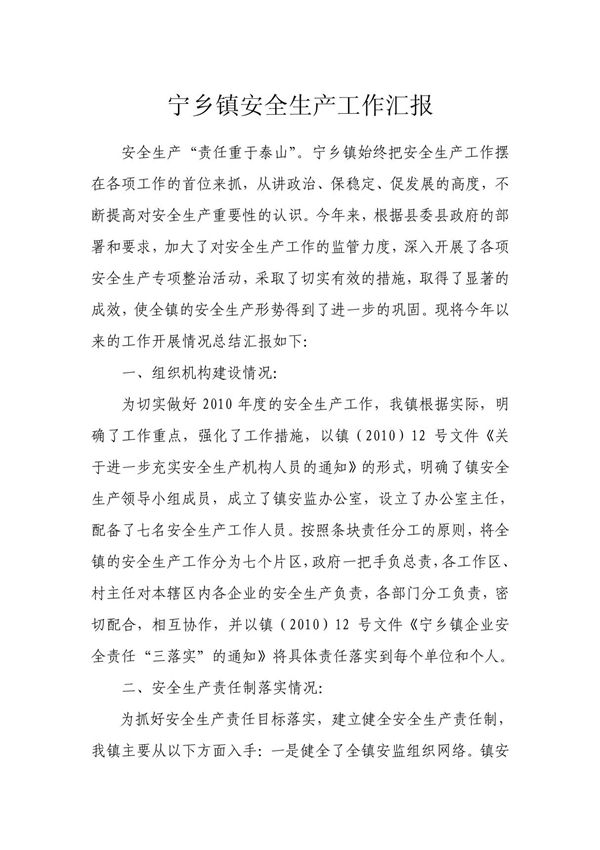 宁乡镇安全生产工作汇报 doc