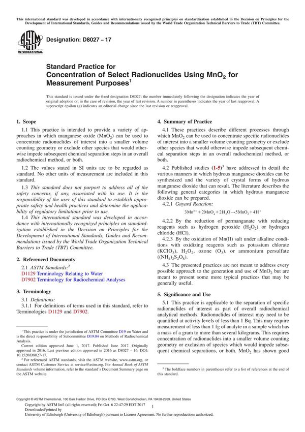 ASTM D8027-17 Standard Practice for Concentration of Select Radionuclides Using MnO2 for Measurement Purpose